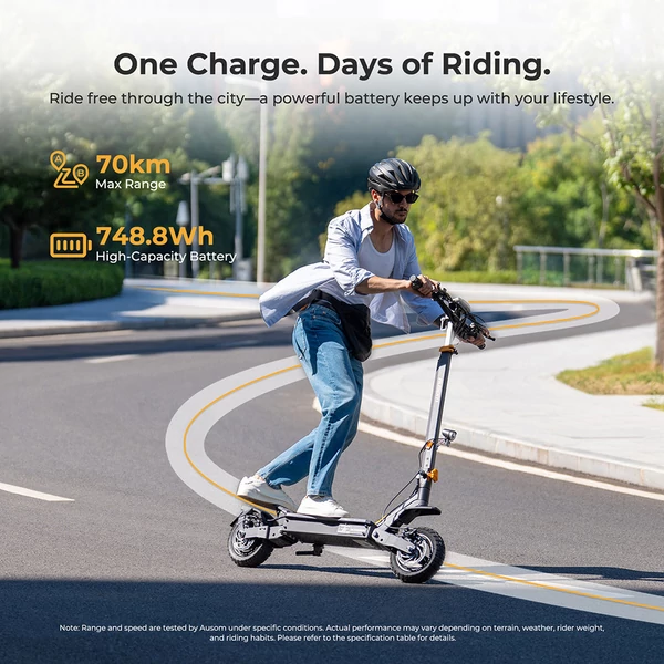 Ausom L1 elektromos roller, 500W motor, 48V 15.6Ah akkumulátor, 70km hatótáv, ABE minősítés, 10" kerék, lengőkar felfüggesztés, NFC zár