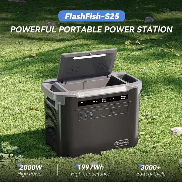 Flashfish S25 hordozható erőmű 2000W, 1997Wh – kültéri generátor LED lámpával, LiFePO4 akkumulátorral, 1600W gyors töltéssel, UPS funkcióval