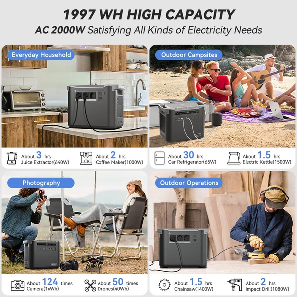 Flashfish S25 hordozható erőmű 2000W, 1997Wh – kültéri generátor LED lámpával, LiFePO4 akkumulátorral, 1600W gyors töltéssel, UPS funkcióval