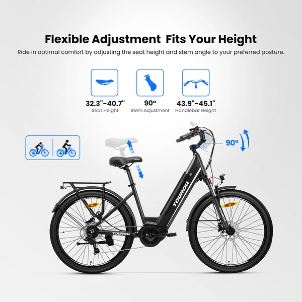 Touroll MA1 elektromos kerékpár, 250W középmotor, 36V 13Ah akkumulátor, 26” kerék, 25 km/h, 110 km hatótáv, Shimano 7 sebesség