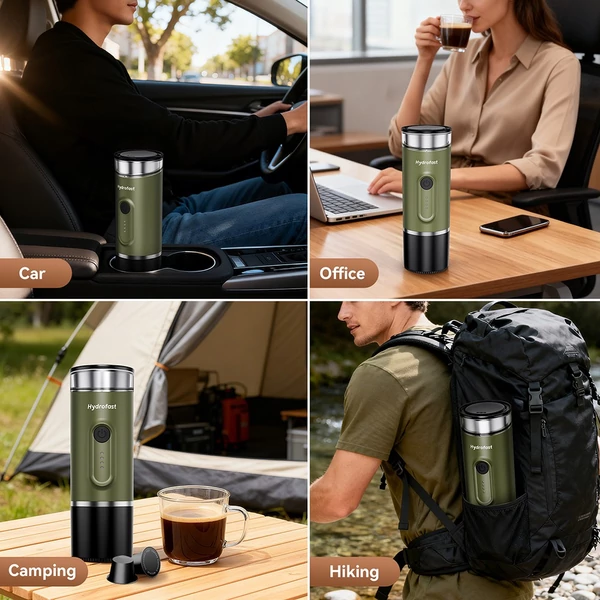 Hydrofast PO-100 hordozható eszpresszó készítő, 20 bar nyomás, kapszulás és őrölt kávéhoz, vezeték nélküli, kompakt utazáshoz