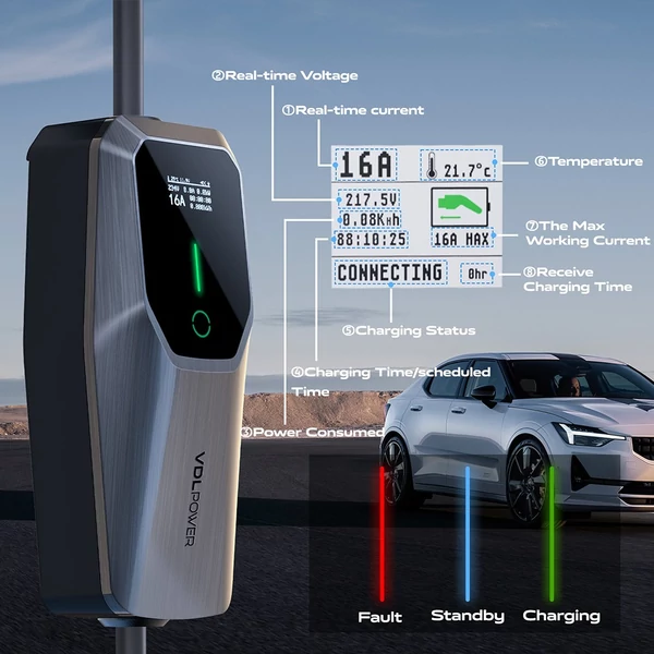 VDL POWER EC31 hordozható EV töltő, 11kW gyorstöltés, 5m kábel, állítható áramerősség, Type 2, IP65, LCD kijelző