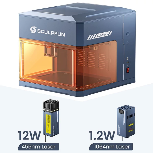 SCULPFUN iCube Ultra Dual 12W+1.2W lézergravírozó – gyors, pontos, 150x135 mm munkaterület, beépített füstszűrő