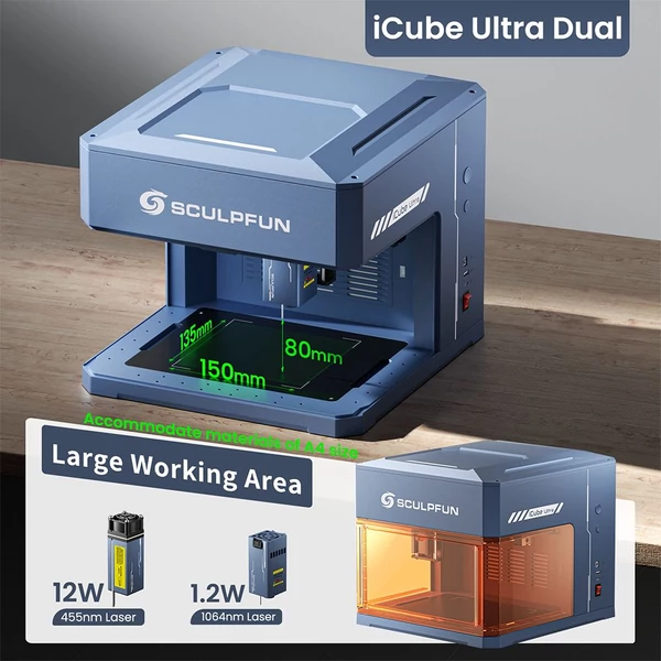 SCULPFUN iCube Ultra Dual 12W+1.2W lézergravírozó – gyors, pontos, 150x135 mm munkaterület, beépített füstszűrő