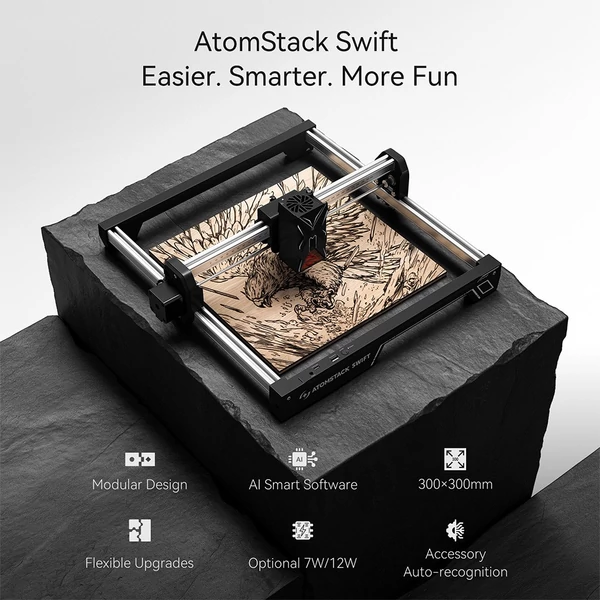 ATOMSTACK Swift 7W lézergravírozó – Fa és bőr gravírozás, 300x300 mm munkaterület, AI szöveg–kép funkció