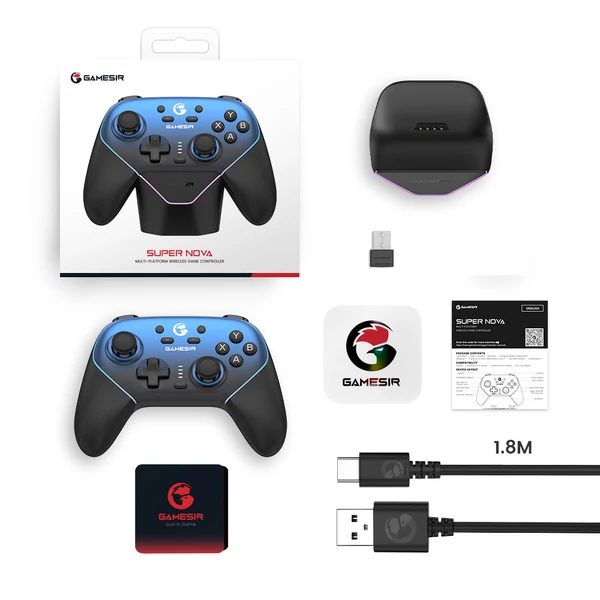 GameSir Super Nova vezeték nélküli gamer kontroller Hall szenzoros karokkal, RGB világítással – PC/Android/iOS/Switch (Kék)