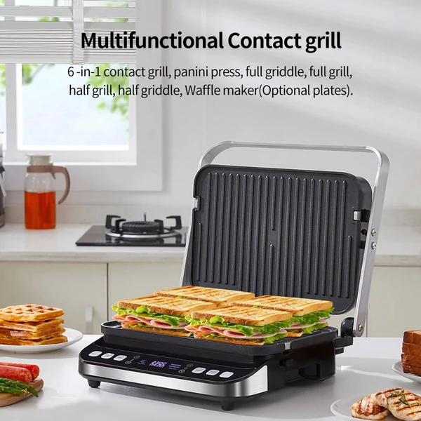 BioloMix BCG02D 2000W elektromos kontakt grill, füstmentes, kivehető dupla lapokkal, LCD kijelzővel és digitális vezérléssel, 180°-ban nyitható
