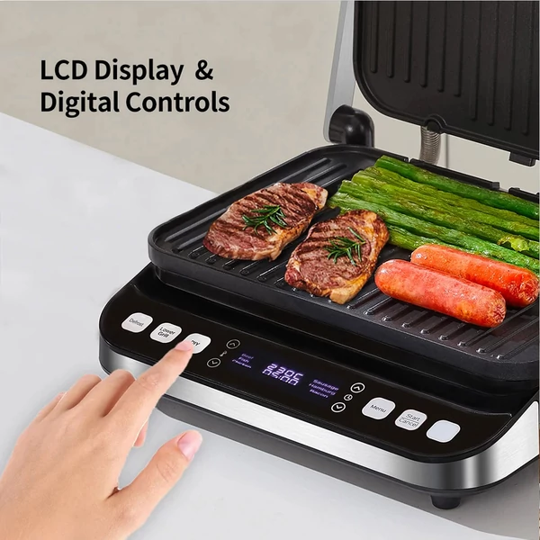 BioloMix BCG02D 2000W elektromos kontakt grill, füstmentes, kivehető dupla lapokkal, LCD kijelzővel és digitális vezérléssel, 180°-ban nyitható