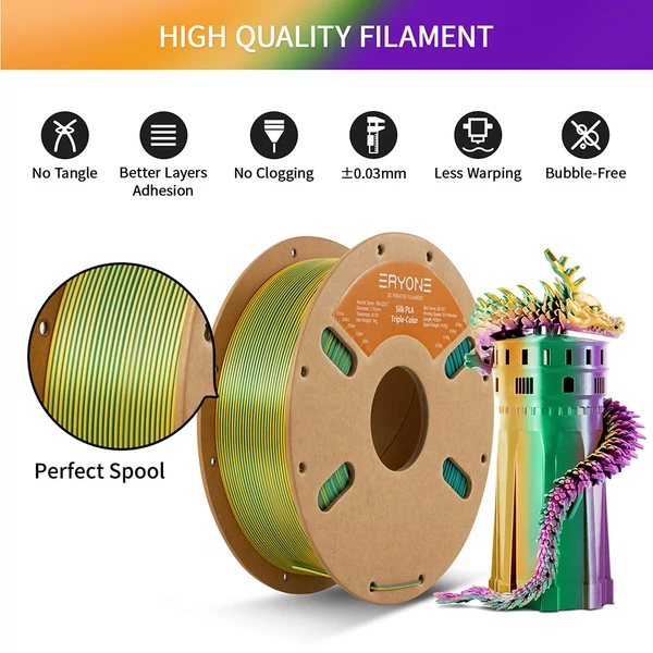 ERYONE 3kg triplaszínű selyem PLA filament szett (3×1kg: zöld–lila–sárga, piros–lila–zöld, piros–kék–zöld)