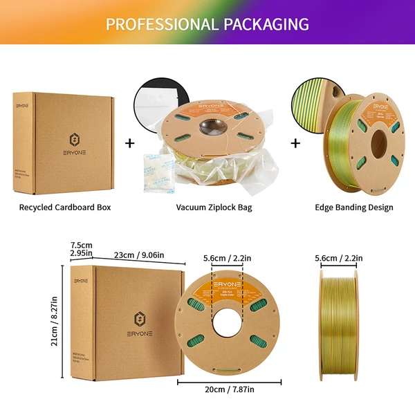 ERYONE 3kg triplaszínű selyem PLA filament szett (3×1kg: zöld–lila–sárga, piros–lila–zöld, piros–kék–zöld)