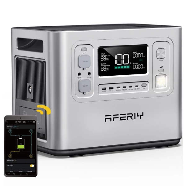 AFERIY P210 hordozható erőmű, 2400W AC, 2048Wh LiFePO4 akkumulátor, 13 kimenet, gyors töltés, 500W napelem, app vezérlés