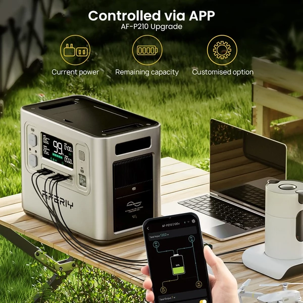 AFERIY P210 hordozható erőmű, 2400W AC, 2048Wh LiFePO4 akkumulátor, 13 kimenet, gyors töltés, 500W napelem, app vezérlés