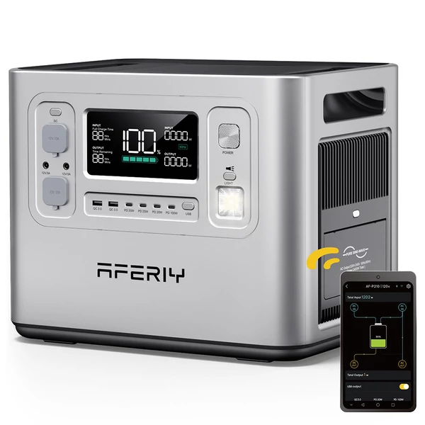 AFERIY P210 hordozható erőmű, 2400W AC, 2048Wh LiFePO4 akkumulátor, 13 kimenet, gyors töltés, 500W napelem, app vezérlés
