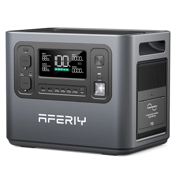 AFERIY P210 hordozható erőmű, 2400W AC kimenet, 2048Wh LiFePO4 akkumulátor, 13 csatlakozó, gyors töltés, napelem és app vezérlés