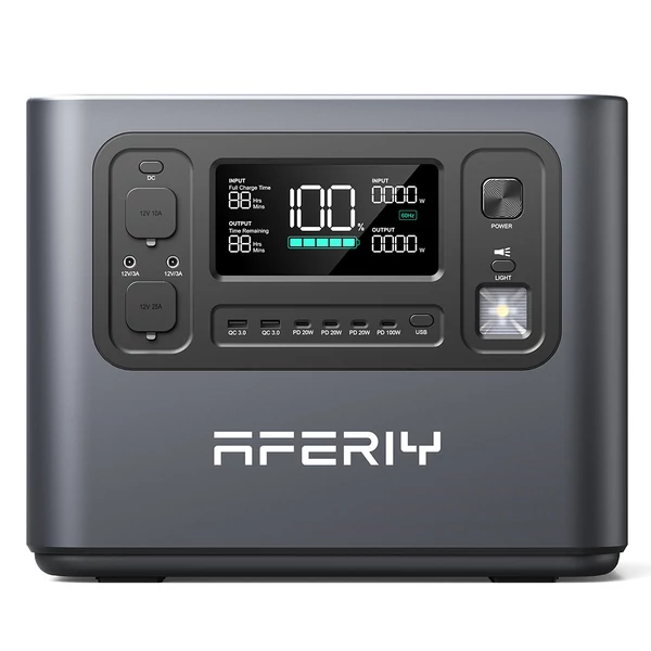 AFERIY P210 hordozható erőmű, 2400W AC kimenet, 2048Wh LiFePO4 akkumulátor, 13 csatlakozó, gyors töltés, napelem és app vezérlés