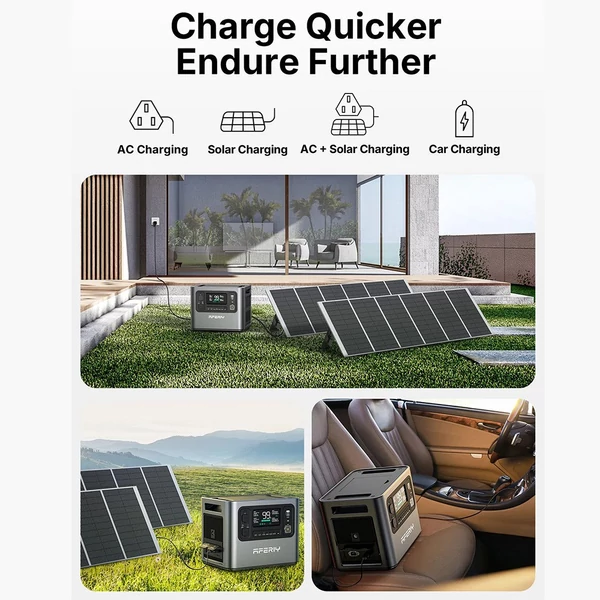 AFERIY P210 hordozható erőmű, 2400W AC kimenet, 2048Wh LiFePO4 akkumulátor, 13 csatlakozó, gyors töltés, napelem és app vezérlés