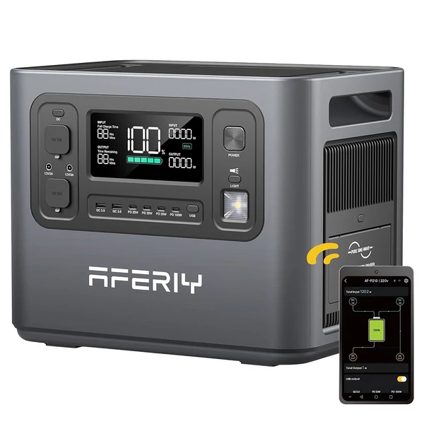 AFERIY P210 hordozható erőmű, 2400W AC kimenet, 2048Wh LiFePO4 akkumulátor, 13 csatlakozó, gyors töltés, napelem és app vezérlés