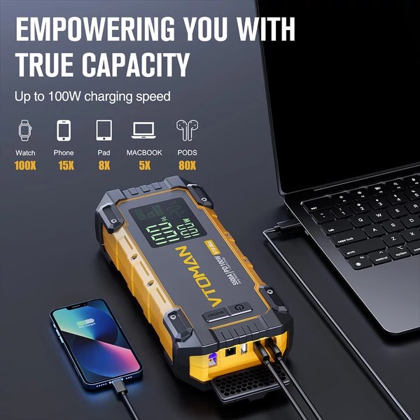 VTOMAN V10 Max 5500A autó bikázó, 12V indító, 24000mAh power bank, PD100W gyorstöltés, IP65 vízálló, benzin & 12L dízelhez