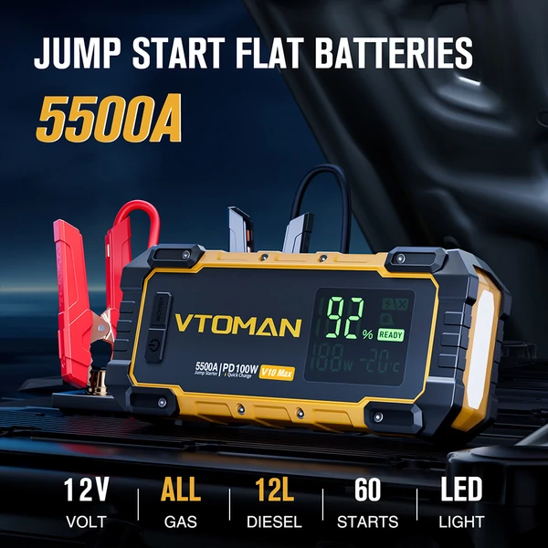VTOMAN V10 Max 5500A autó bikázó, 12V indító, 24000mAh power bank, PD100W gyorstöltés, IP65 vízálló, benzin & 12L dízelhez