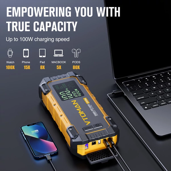 VTOMAN V10 Max 5500A autó bikázó, 12V indító, 24000mAh power bank, PD100W gyorstöltés, IP65 vízálló, benzin & 12L dízelhez