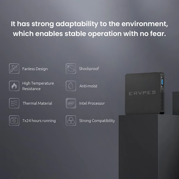 ERVPES B20E mini PC, Intel J3710, 8GB RAM, 128GB SSD, kétmonitoros kijelző, WiFi 5, Bluetooth 5.0, HDMI, VGA, USB, kompakt asztali gép