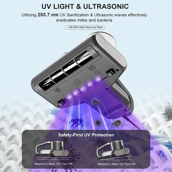 Solayce BV200 dupla tartályos atkaporszívó, 500W, 16000Pa szívóerő, 0,6L, 60℃ forró levegő, UV-fény, HEPA szűrő
