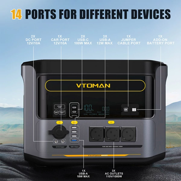 VTOMAN Flashspeed 1000 hordozható erőmű, 1000W (2000W csúcs), 828Wh LiFePO4 akkumulátor, AC/USB/DC kimenetekkel