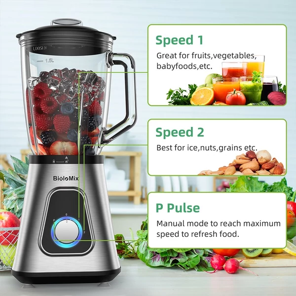 BioloMix SF701 1300W turmixgép 1,5L üvegkancsóval, 2 sebességgel és pulzáló funkcióval