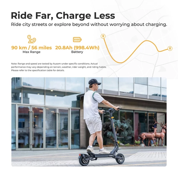 Ausom L1 Max elektromos roller, 1000W motor, 48V 20,8Ah akku, 90 km hatótáv, 50 km/h, 10" kerék, dupla tárcsafék, NFC-zár, rugós felfüggesztés