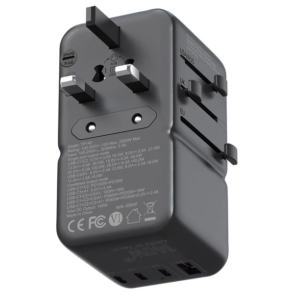MINIX TP140 140W univerzális utazó adapter, 3 USB-C, 1 USB-A töltővel