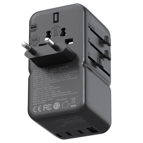 MINIX TP140 140W univerzális utazó adapter, 3 USB-C, 1 USB-A töltővel