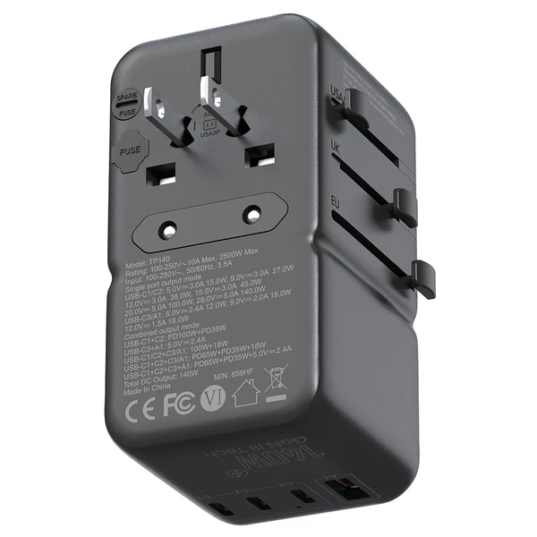 MINIX TP140 140W univerzális utazó adapter, 3 USB-C, 1 USB-A töltővel