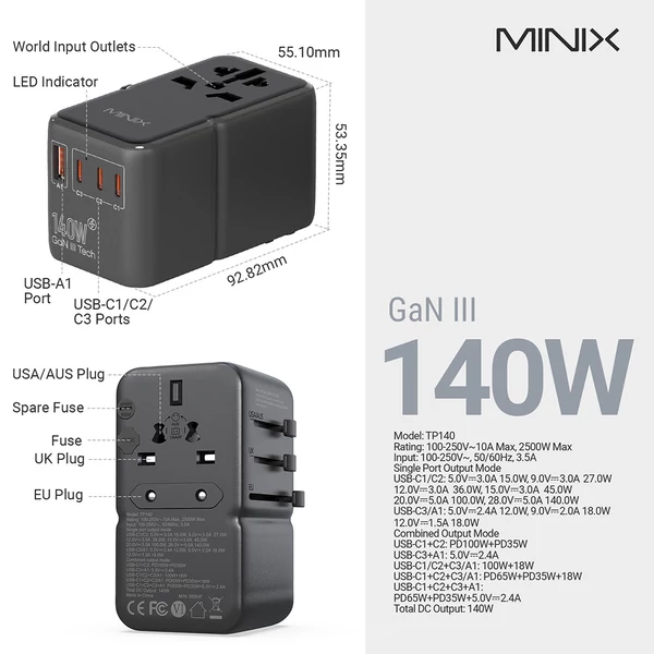 MINIX TP140 140W univerzális utazó adapter, 3 USB-C, 1 USB-A töltővel