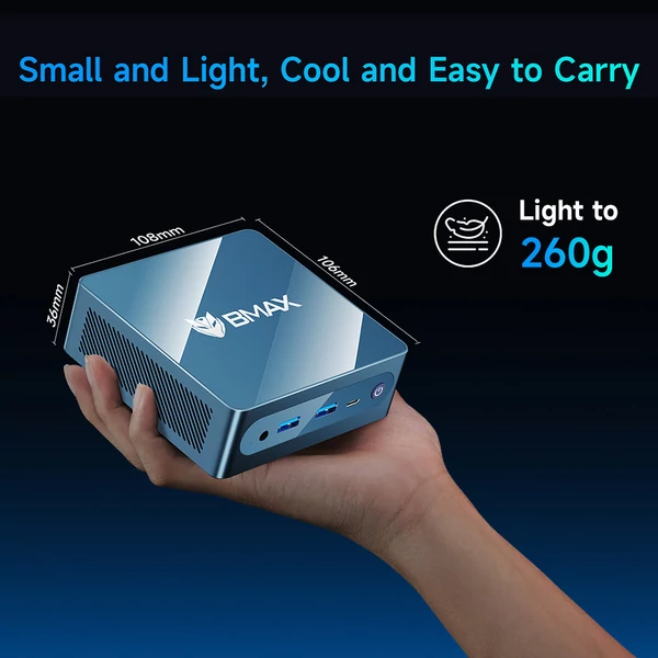 BMAX B4 Ultra Mini PC, Intel N150, 16GB RAM, 512GB SSD, 2×HDMI, WiFi 5, BT 5.0, USB, RJ45, fejhallgató kimenet