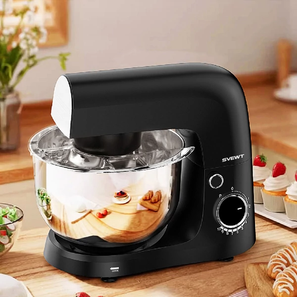 SVEWT 1500W konyhai robotgép, 5,5L rozsdamentes tál, dagasztó, keverő, habverő, 10 sebesség sütéshez