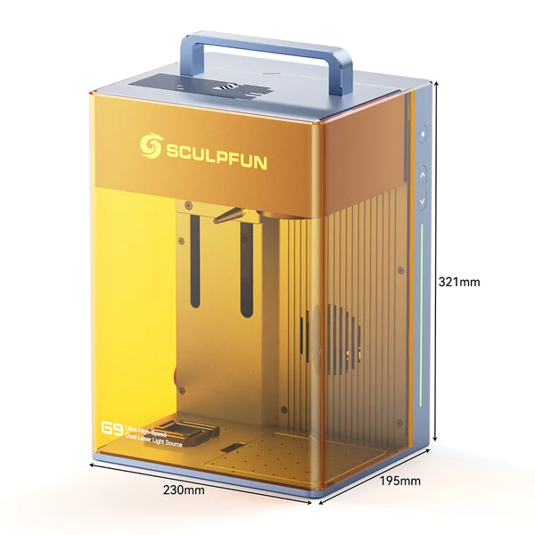 SCULPFUN G9 Duál Lézer Gravírozó, 2W IR & 10W Kék, 5000mm/s, 0,001mm pontosság, Elektromos emelő, 105×105mm