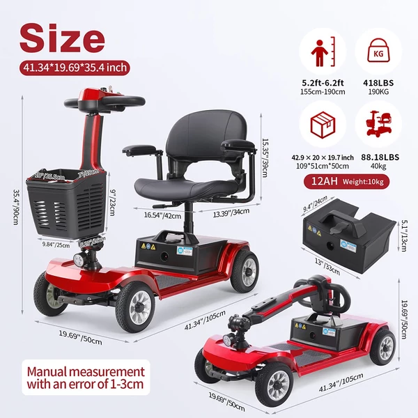 Unificare Unagi négykerekű elektromos roller, 250W motor, 24V akku, 8” kerék, 6km/h, 20km hatótáv, mágneses fék, 190kg teherbírás - piros
