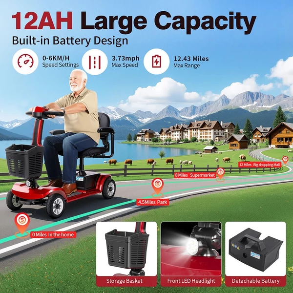 Unificare Unagi négykerekű elektromos roller, 250W motor, 24V akku, 8” kerék, 6km/h, 20km hatótáv, mágneses fék, 190kg teherbírás - piros