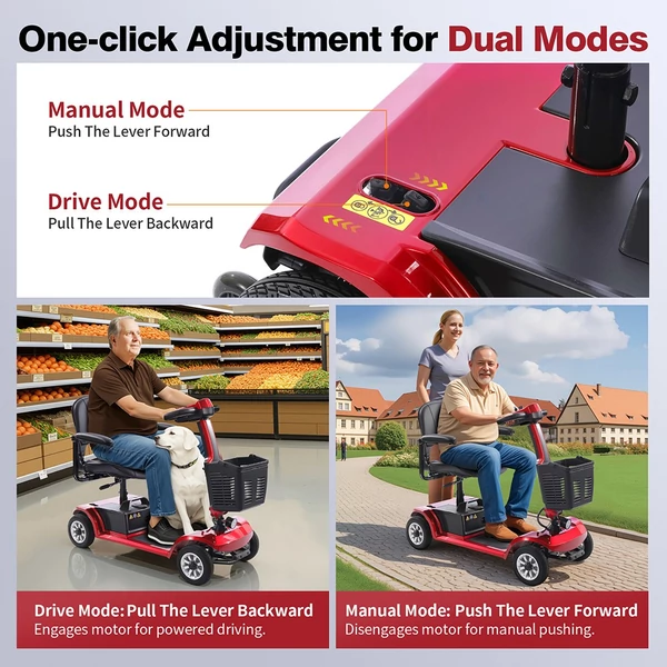 Unificare Unagi négykerekű elektromos roller, 250W motor, 24V akku, 8” kerék, 6km/h, 20km hatótáv, mágneses fék, 190kg teherbírás - piros