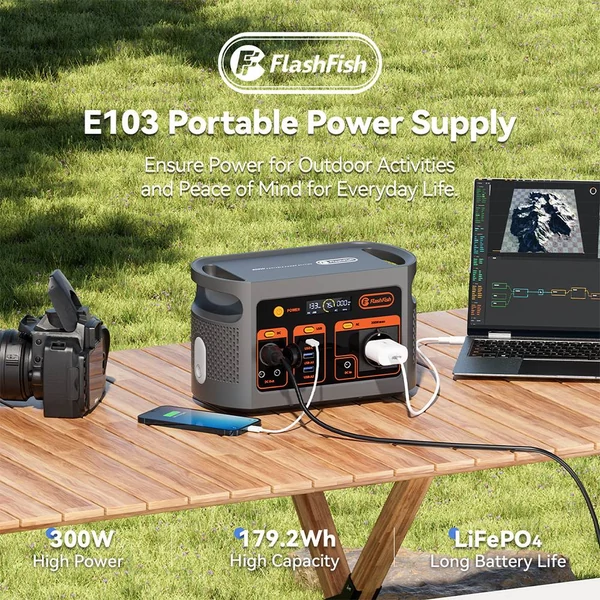 Flashfish E103 hordozható 300W LiFePO4 áramforrás, 179,2Wh napelemes generátor kempingezéshez, kültéri és vészhelyzeti használatra 