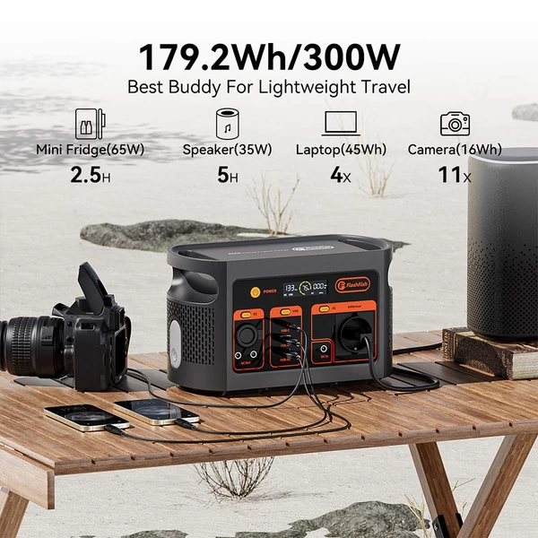 Flashfish E103 hordozható 300W LiFePO4 áramforrás, 179,2Wh napelemes generátor kempingezéshez, kültéri és vészhelyzeti használatra 
