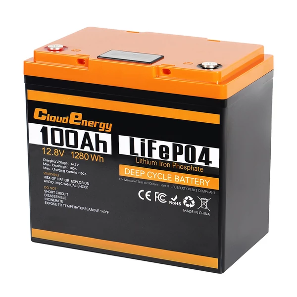 Cloudenergy 12V 100Ah LiFePO4 akkumulátor 1280Wh, 6000+ ciklus, beépített 100A BMS, lakóautóhoz, csónakhoz, napelemhez, tartalék áramhoz