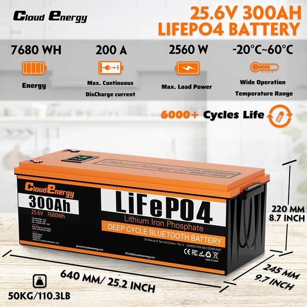Cloudenergy 24V 300Ah LiFePO4 akkumulátor, 7680Wh, 6000+ ciklus, beépített 200A BMS, LCD, soros/párhuzamos, lakóautóhoz, csónakhoz, napelemhez, off-grid
