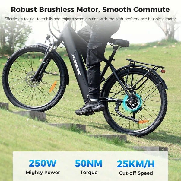 Foride Roamer 1 step-over elektromos kerékpár 250W, 36V 13Ah, 27,5”, 25 km/h, 100 km, tárcsafék, teleszkóp lockout, Shimano 7s