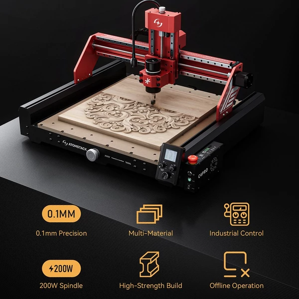 ATOMSTACK C4 Pro CNC marógép 200W, 4 tengelyes vezérlés, 0,1 mm pontosság, 420x420 mm fa/fém/PCB munkaterület