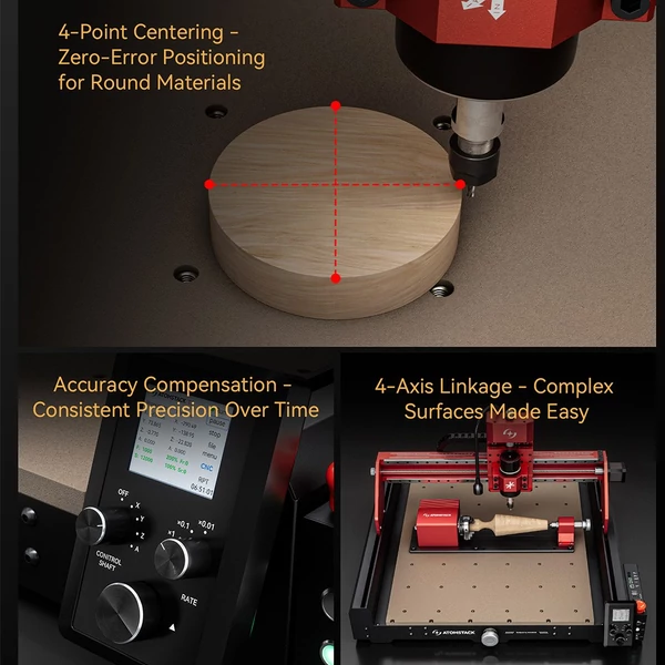 ATOMSTACK C4 Pro CNC marógép 200W, 4 tengelyes vezérlés, 0,1 mm pontosság, 420x420 mm fa/fém/PCB munkaterület