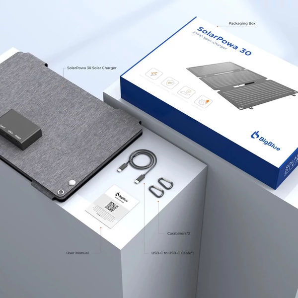 BigBlue SolarPowa 30 30W összehajtható napelem, IP68 vízálló, kültéri DC/USB-C töltés hordozható erőműhöz