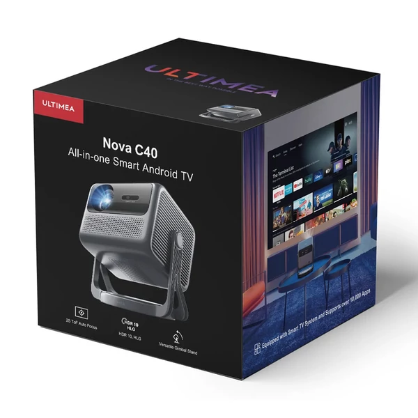Ultimea Nova C40 Projektor – Netflix 1080P, Android TV 11.0, 600 ANSI Lumen, 4K dekódolás, Auto Fókusz, Dolby Audio és Gimbal állvány