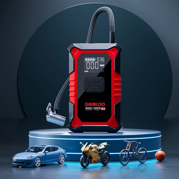 GOOLOO A3 3000A indítássegítő és 150PSI kompresszor (35L/perc). Powerbank és LED kijelző. 9L benzin/6.5L dízel motorokhoz