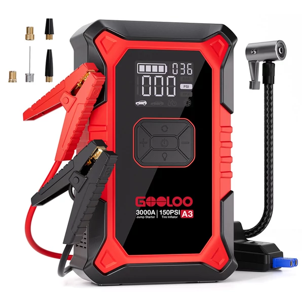 GOOLOO A3 3000A indítássegítő és 150PSI kompresszor (35L/perc). Powerbank és LED kijelző. 9L benzin/6.5L dízel motorokhoz